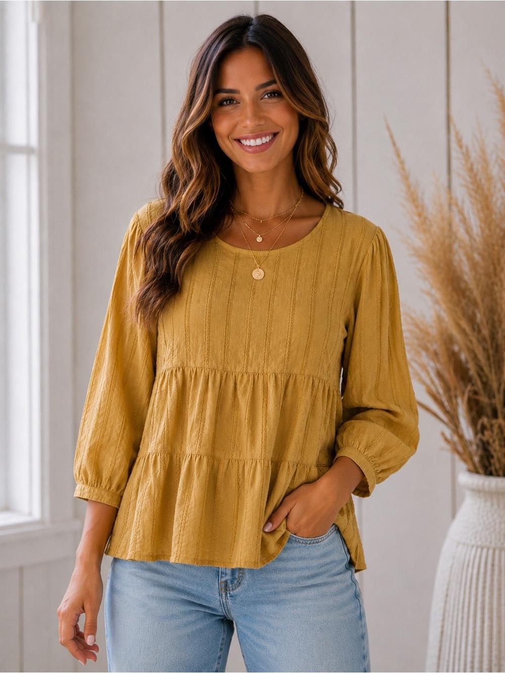 J. Jill Mustard Yellow Tiered Textured Tunic